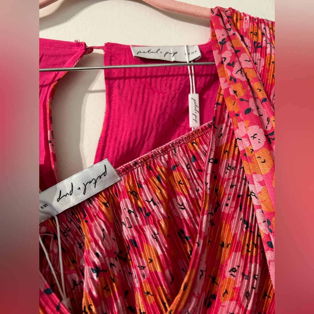 Petal & Pup Pink and Orange Floral Pleated Midi Dress